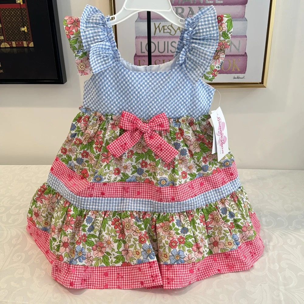 Bonnie Jean Flutter Sleeves Mixed Print Dress with Matching Hat. 3T - Picture 5 of 12